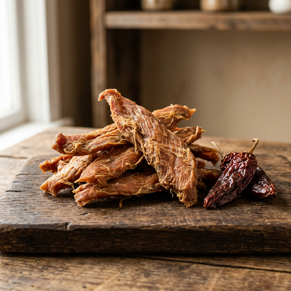 Smoked chicken jerky with two chipotle peppers on a rustic wooden board